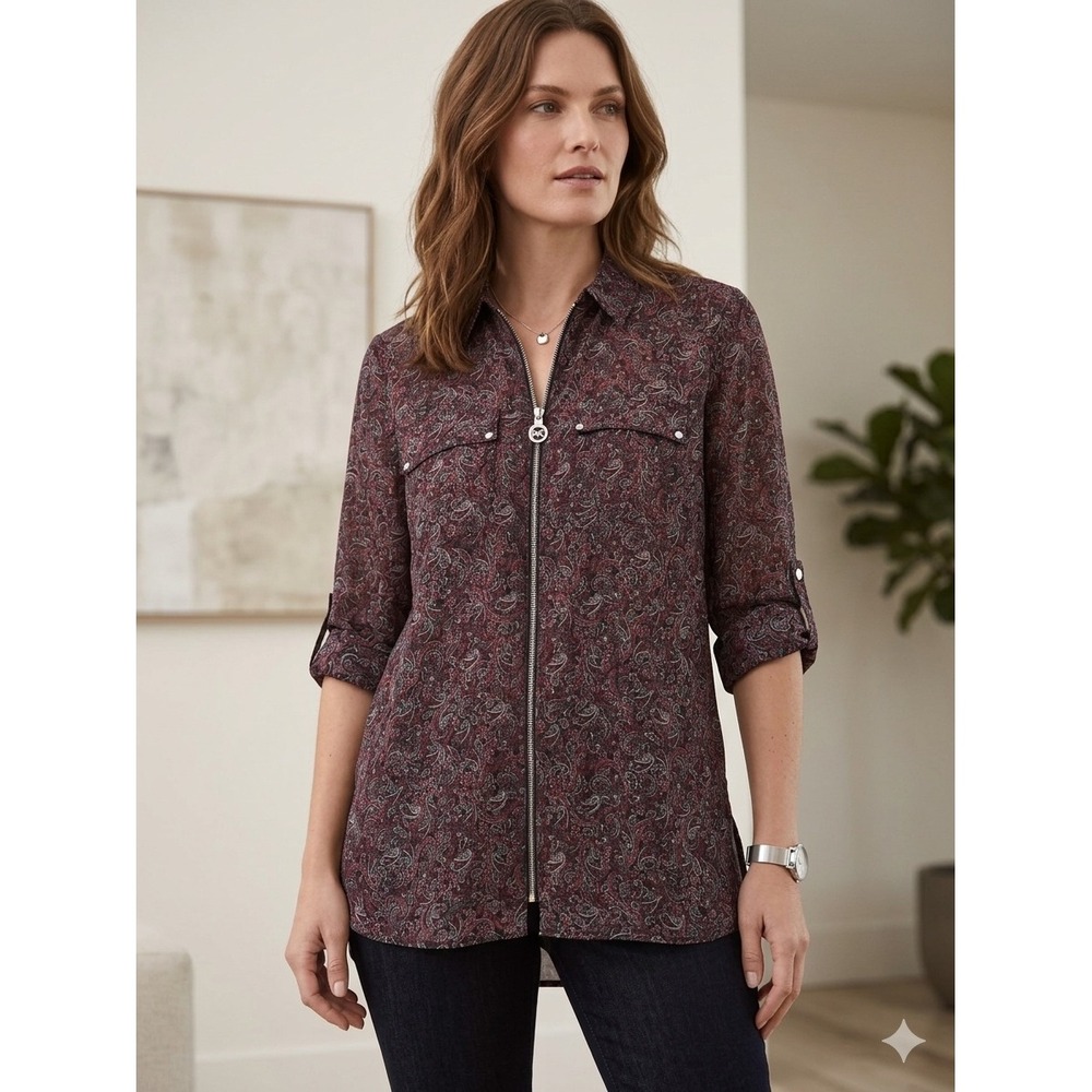 Michael Michael Kors Paisley Zip‎ Front Utility Blouse Burgundy Petite Medium PM